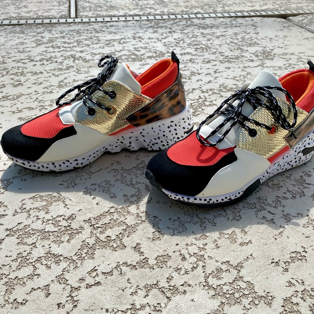 Stylish Women's Sneakers in Red, Black, and Gold